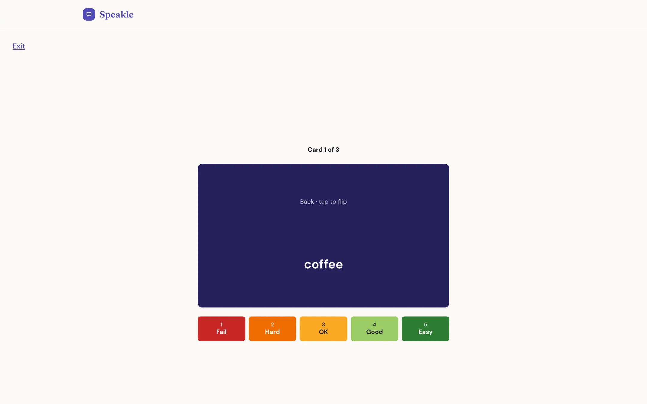 A flashcard turned over, with a five-step row to rate how well you knew it.