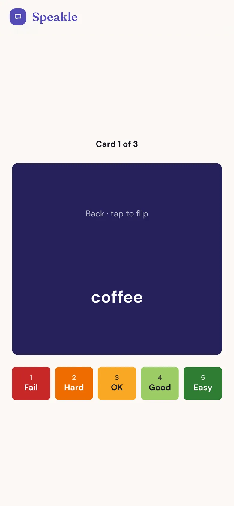 A flashcard turned over on a phone, with a five-step row to rate how well you knew it.