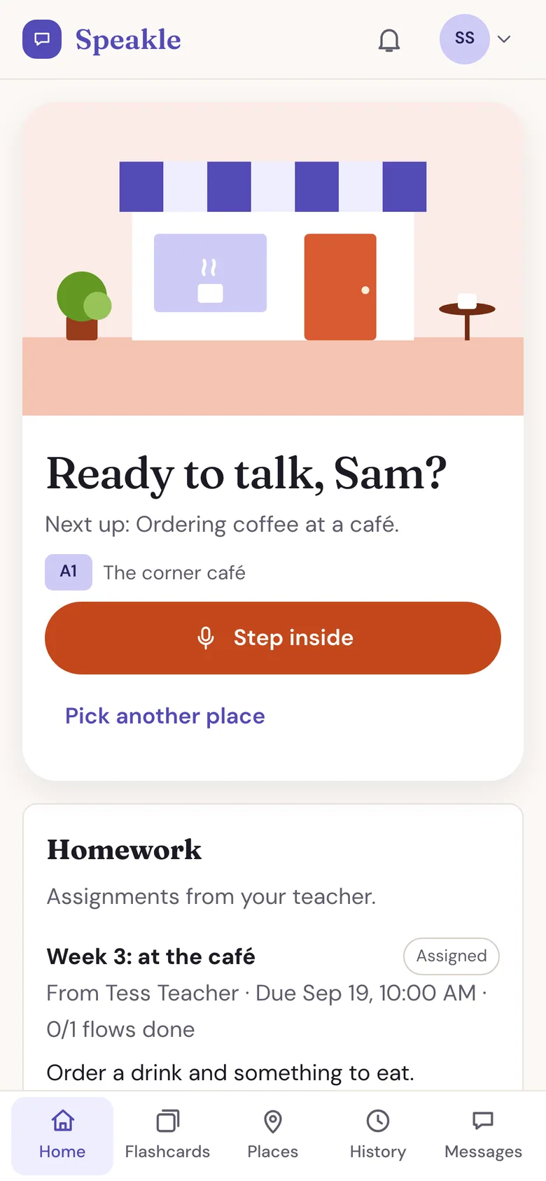 The Speakle home screen: a café with a purple awning, and a button to step inside.