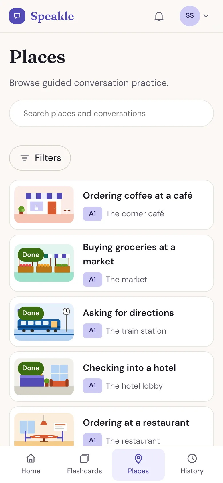The Places catalog on a phone: illustrated conversations, each with its level.