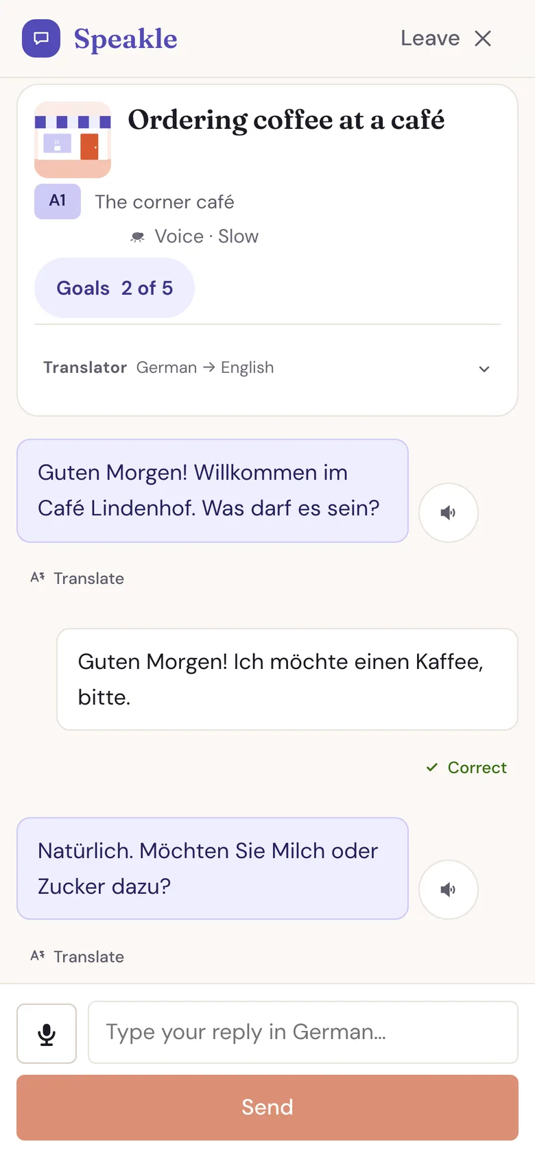 A conversation in German at a café on a phone, with each reply marked correct or a small mistake.
