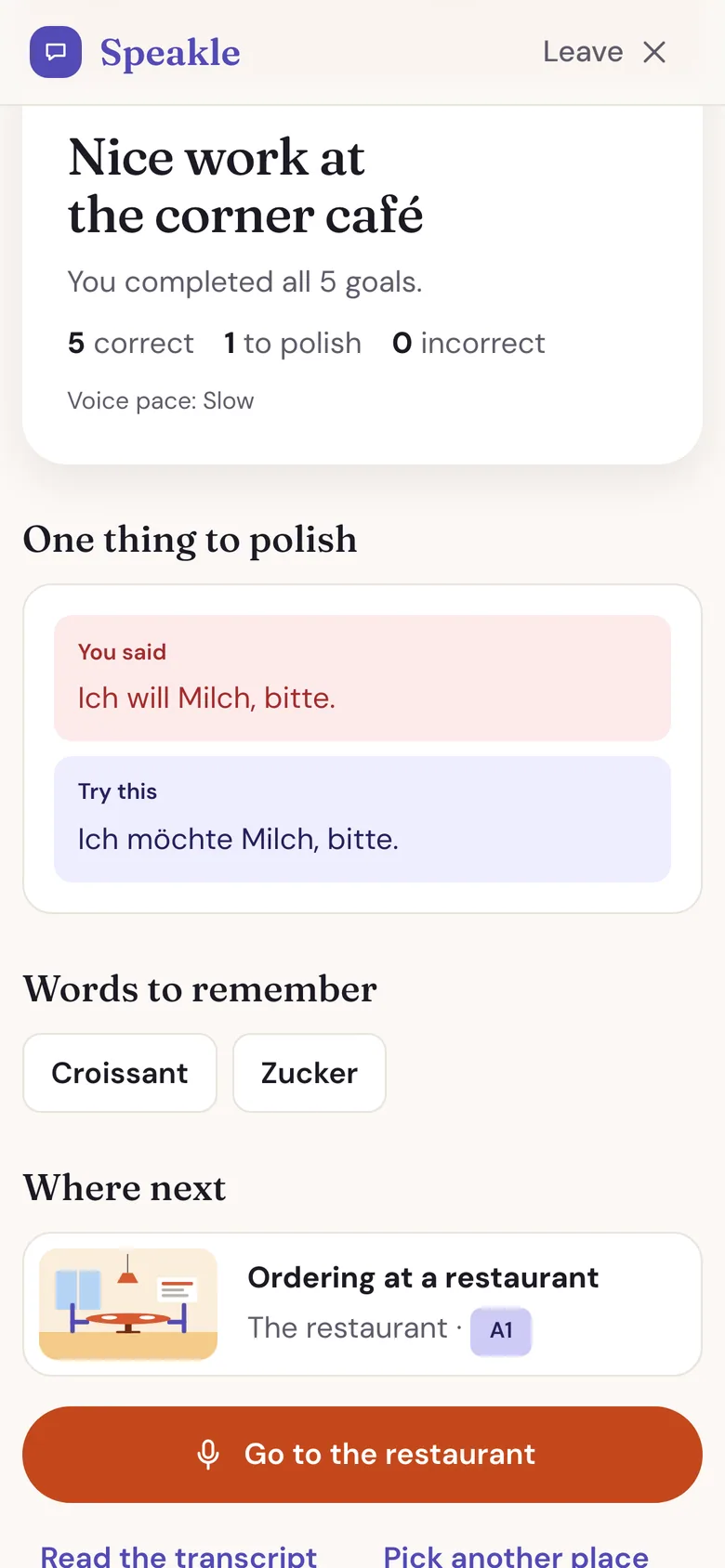 The recap after a conversation on a phone: the phrase to polish and where to go next.