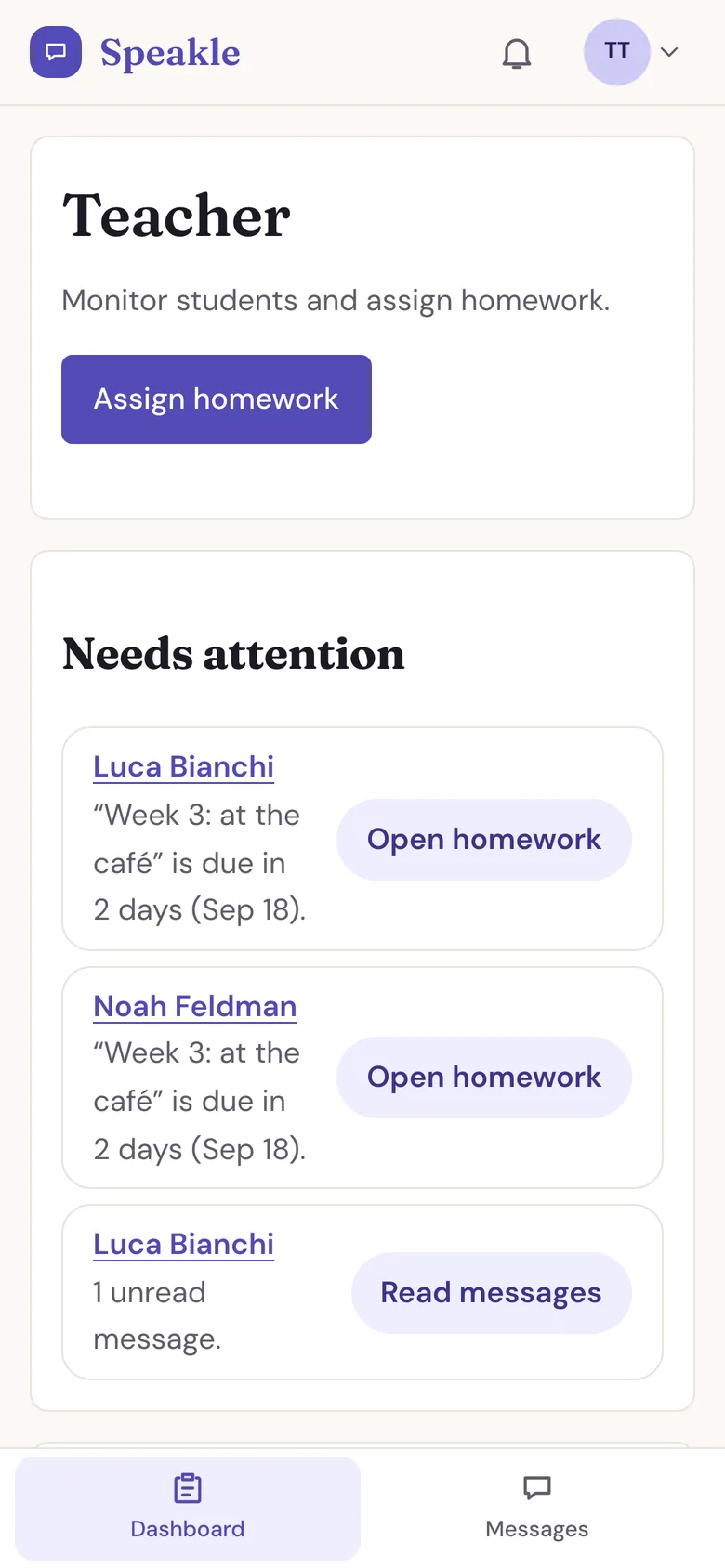 The teacher dashboard on a phone: who needs attention today.