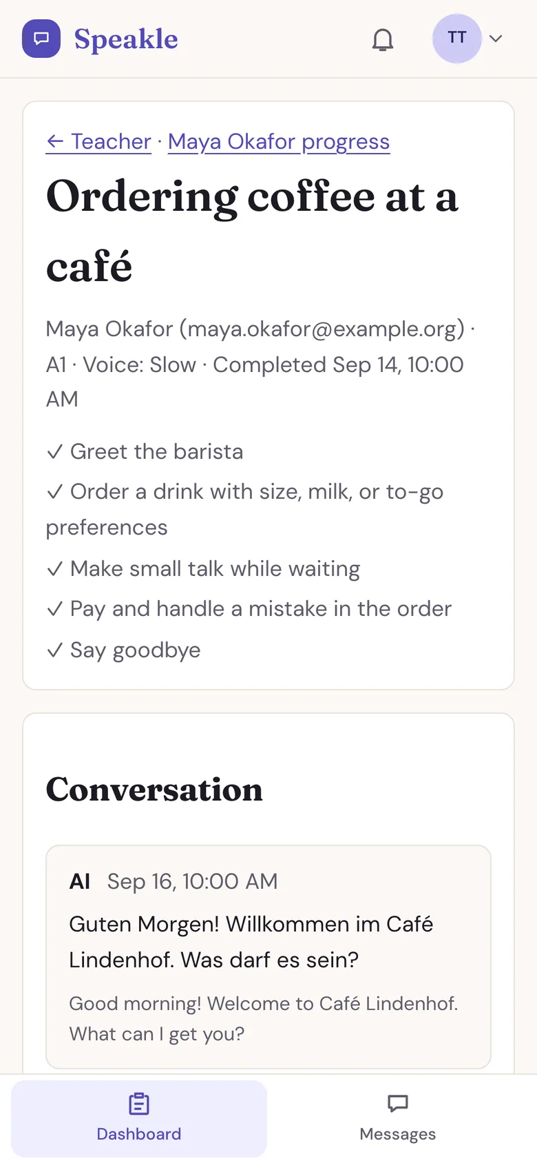 A student’s finished conversation as the teacher sees it, on a phone.